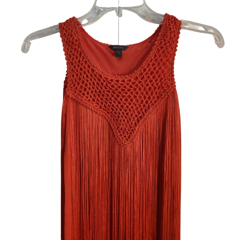 Guess Coral Fringe Crochet Yoke Boho Sleeveless Mini Dress XS W43K2XW3IZ0‎